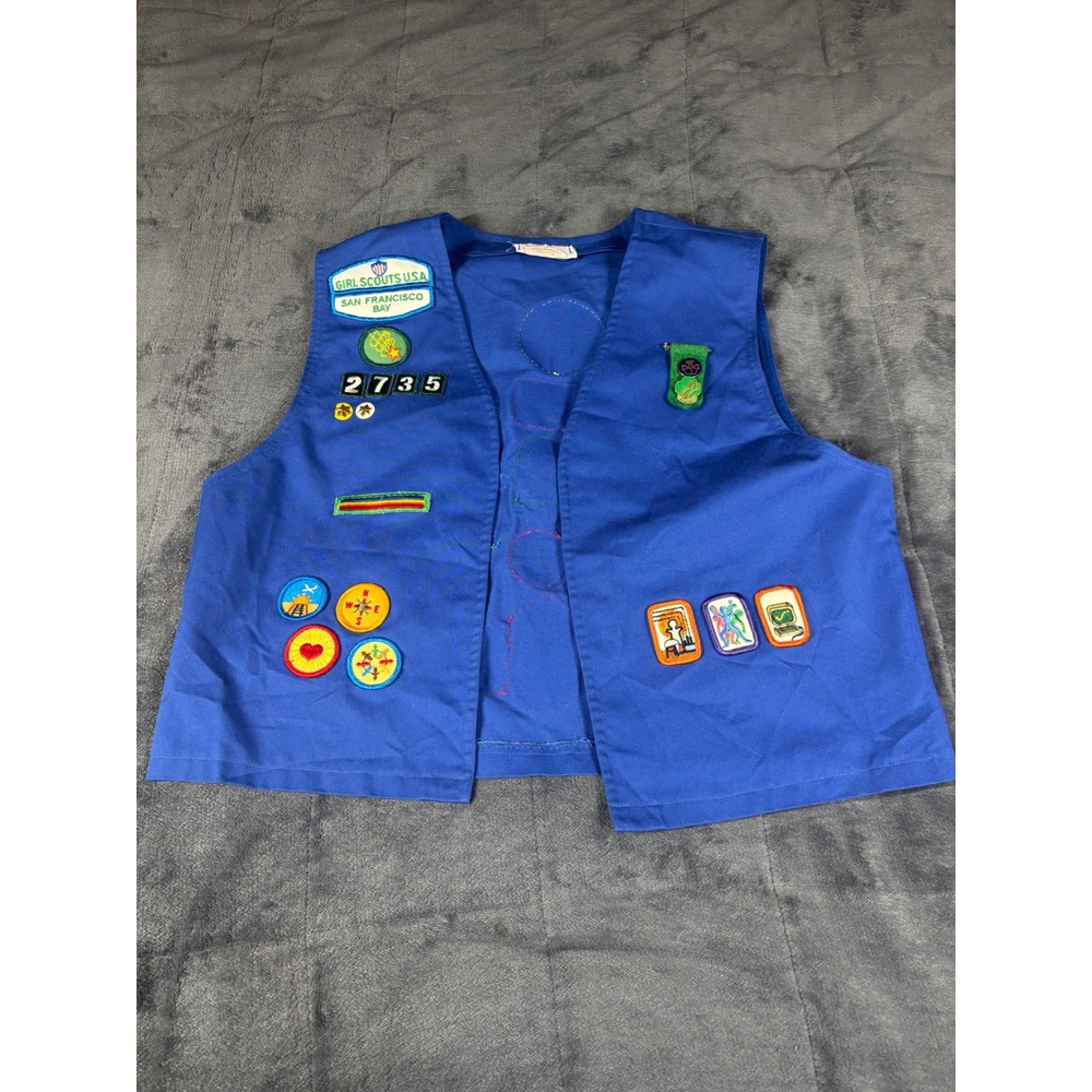 Vintage Girl Scouts USA San Francisco Bay Blue Uniform Vest Patches Troop 2735